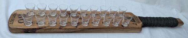 Cricket Bat Shot Board (customisable up to 20 shots) complete with acrylic shot glasses and personalisation. 825mmx120mmx35mm - Image 3