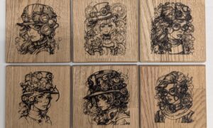 Oak Steampunk Coasters (set of 6 individual designs). 100x100x7mm