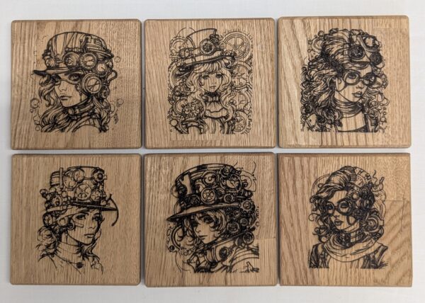 Oak Steampunk Coasters (set of 6 individual designs). 100x100x7mm
