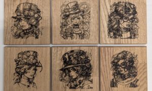 Oak Steampunk Coasters (set of 6 individual designs). 100x100x7mm