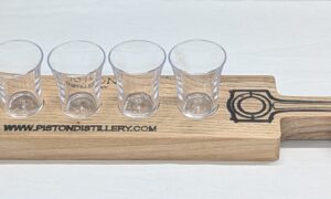 Piston Gin Shot Board with 5 Acrylic Shot Glasses. 340x70x25mm.
