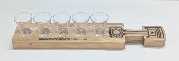 Piston Gin Shot Board with 5 Acrylic Shot Glasses. 340x70x25mm.
