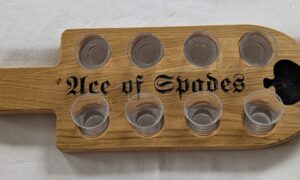 Ace of Spades Shot Board with 8 acrylic glasses. 400x140x18mm.