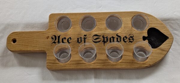 Ace of Spades Shot Board with 8 acrylic glasses. 400x140x18mm.