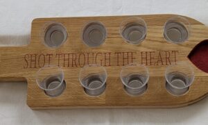 Shot Through the Heart Shot Board with 8 acrylic glasses. 400x140x18mm.