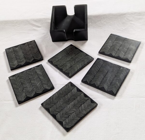 Stone Coasters in Stone Holder with Herringbone engraving (set of 6). 85x85x5mm. - Image 2