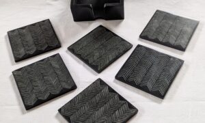 Stone Coasters in Stone Holder with Herringbone engraving (set of 6). 85x85x5mm.