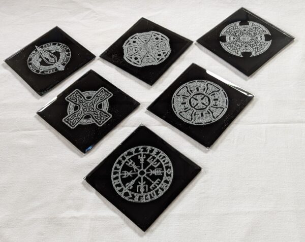 Glass Celtic Engraved Coasters (set of 6). Set 1. 100x100x2mm.