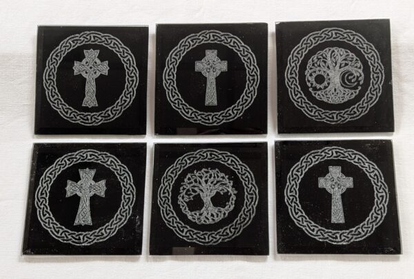 Glass Celtic Engraved Coasters (set of 6). Set 2. 100x100x2mm. £25