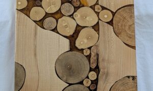 Maple Serving Board with branch inserts and Gold Brown Epoxy Serving Board with inset handles. 890x360x33mm.