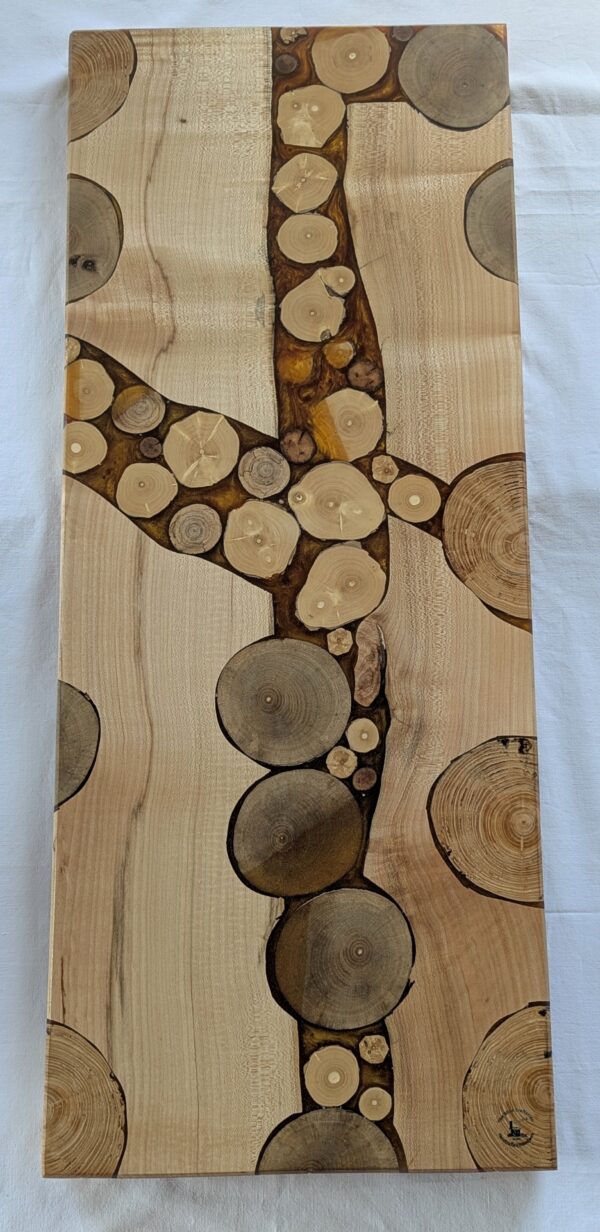 Maple Serving Board with branch inserts and Gold Brown Epoxy Serving Board with inset handles. 890x360x33mm.