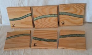 Cedar with Green Epoxy Coasters (set of 6). 98x93x8mm.
