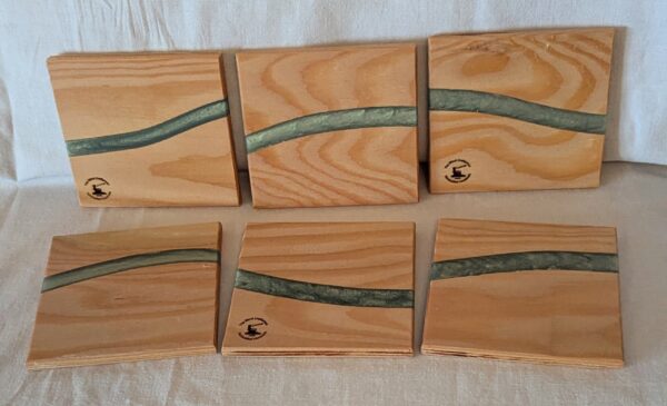 Cedar with Green Epoxy Coasters (set of 6). 98x93x8mm.