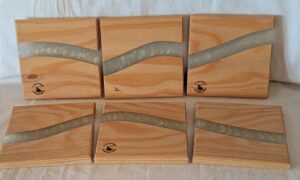 0186 Cedar with Misty White Epoxy Coasters (set of 6). 100x100x10mm £20