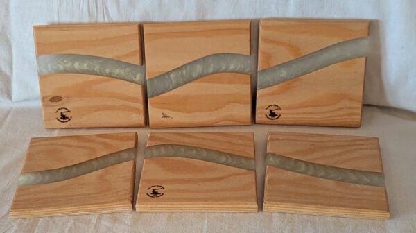 0186 Cedar with Misty White Epoxy Coasters (set of 6). 100x100x10mm £20