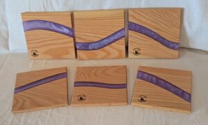 Cedar with Purple Epoxy Coasters (set of 6). 109x100x8mm.