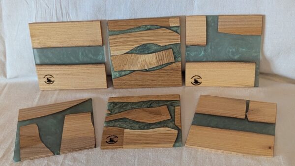 Oak with Green Epoxy Coasters (set of 6) 100x100x5mm.