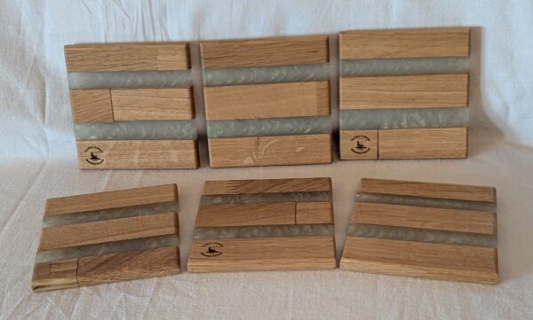 0188 Oak with Misty White Epoxy Coasters (set of 6). 100x100x10mm. £20
