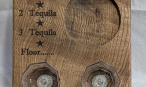 1 Tequila, 2 Tequila, 3 Tequila, Floor Chestnut 4 Shots Board with coloured flashing shot glasses. 345 x 165 x 27mm