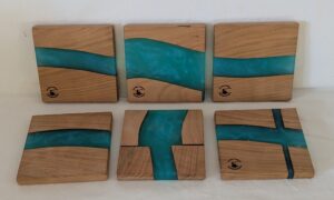Beech with Turquoise Epoxy Coasters (set of 6). 100x100x6mm.