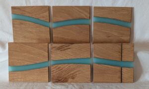 Beech with Aquamarine Epoxy Coasters (set of 6). 100x5mm.