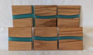 Beech with Turquoise Epoxy Coasters. (set of 6). 100x6mm.