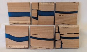 Spalted Beech with Blue Epoxy Coasters. (Set of 6). 100x12mm.