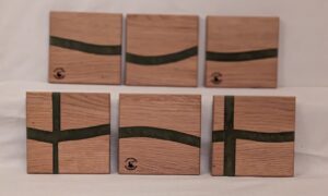 Oak with Blackish Green Epoxy Coasters (set of 6). 100x109x10mm.