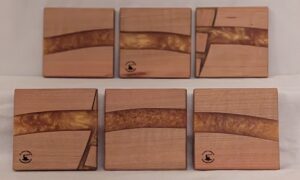 Oak with Red Gold Epoxy Coasters (set of 6). 100x100x10mm.